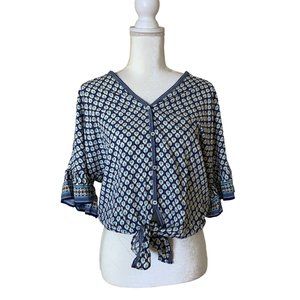 Max Studio Women's Ruffle Short Sleeve Button Front Tie Hem Printed Blouse Sz XS